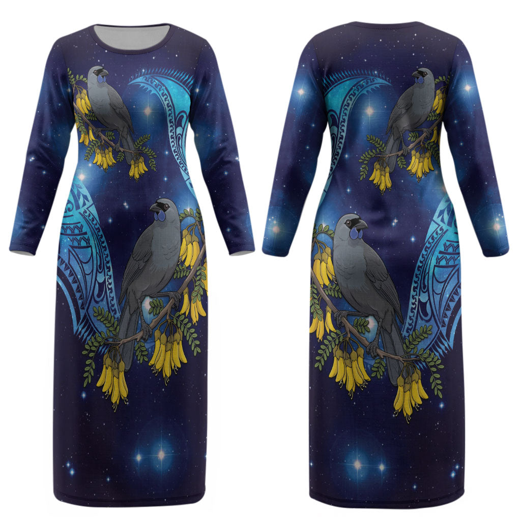 New Zealand Kokako Bird Couples Matching Long Sleeve Bodycon Dress and Hawaiian Shirt Kowhai Galaxy Style Polynesian Pattern LT22 - Polynesian Pride