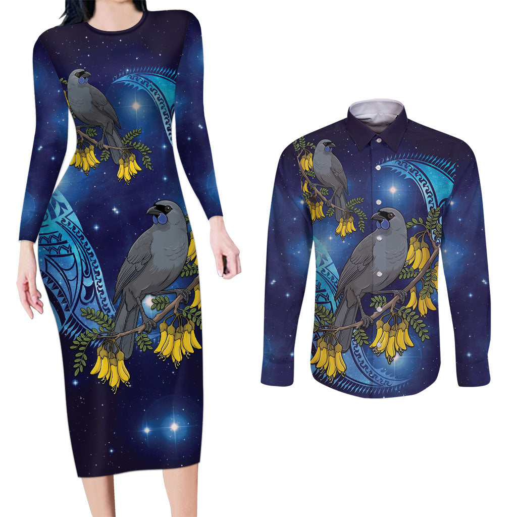 New Zealand Kokako Bird Couples Matching Long Sleeve Bodycon Dress and Long Sleeve Button Shirt Kowhai Galaxy Style Polynesian Pattern
