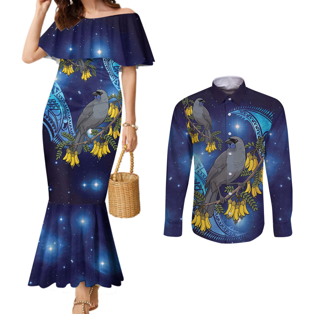 New Zealand Kokako Bird Couples Matching Mermaid Dress and Long Sleeve Button Shirt Kowhai Galaxy Style Polynesian Pattern