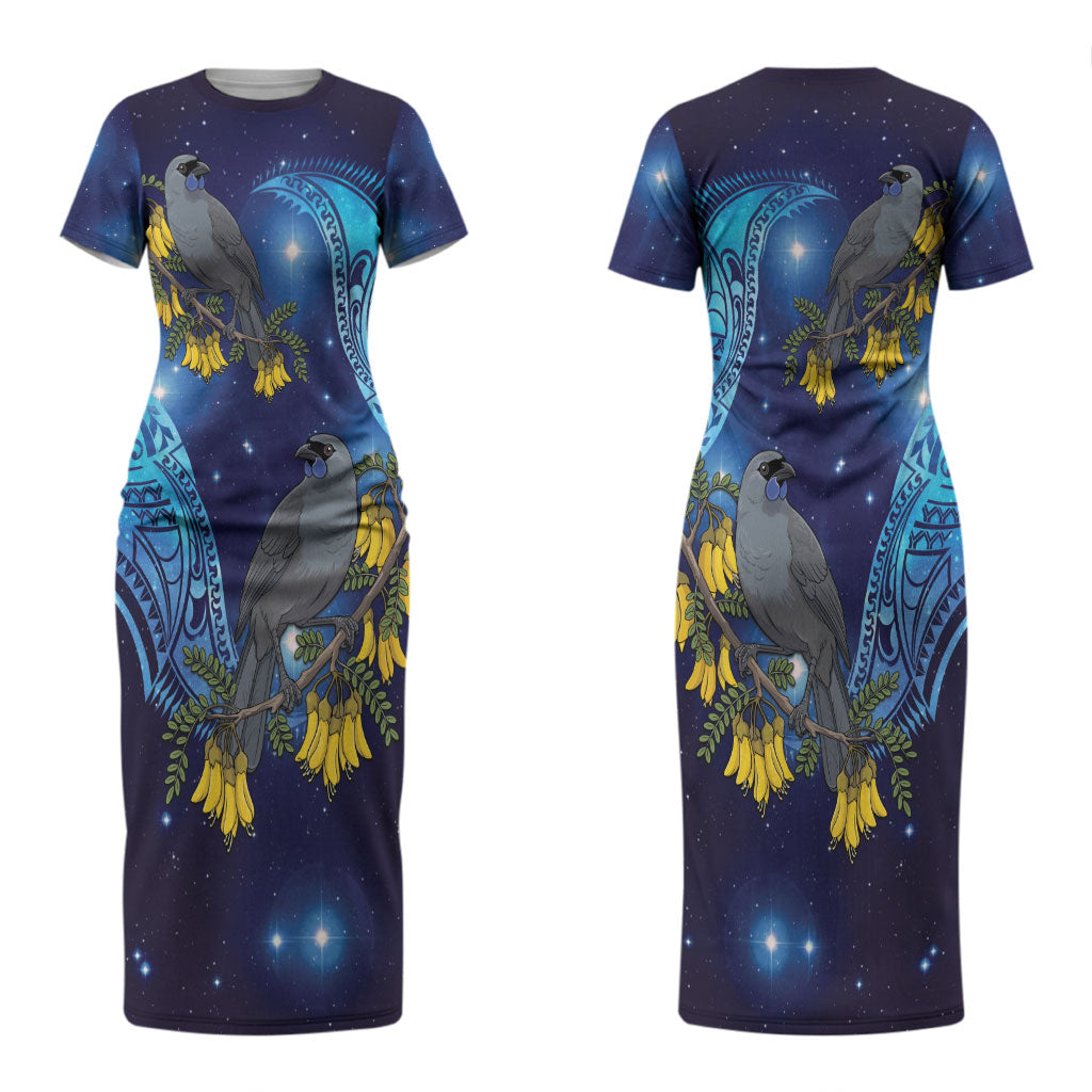 New Zealand Kokako Bird Couples Matching Short Sleeve Bodycon Dress and Hawaiian Shirt Kowhai Galaxy Style Polynesian Pattern LT22 - Polynesian Pride