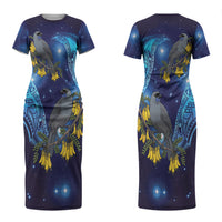 New Zealand Kokako Bird Couples Matching Short Sleeve Bodycon Dress and Hawaiian Shirt Kowhai Galaxy Style Polynesian Pattern LT22 - Polynesian Pride