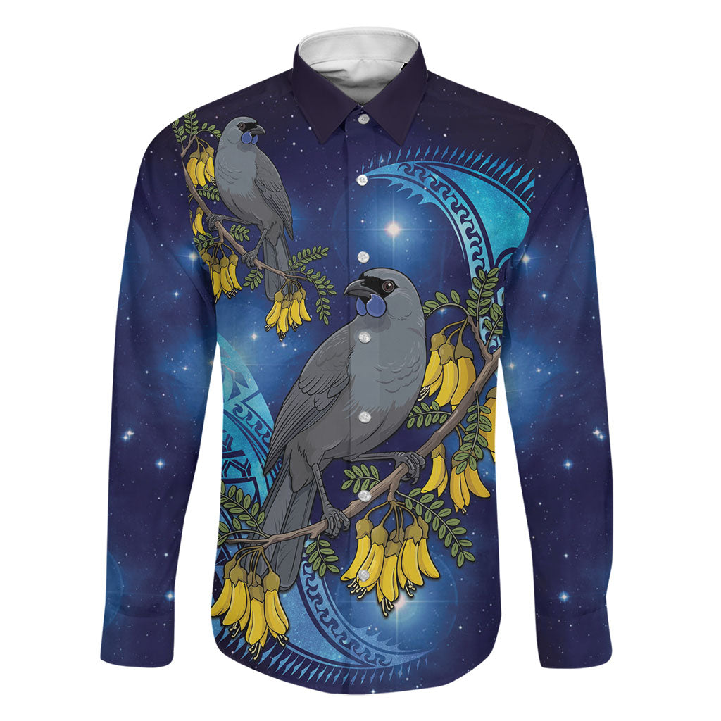 New Zealand Kokako Bird Family Matching Off The Shoulder Long Sleeve Dress and Hawaiian Shirt Kowhai Galaxy Style Polynesian Pattern