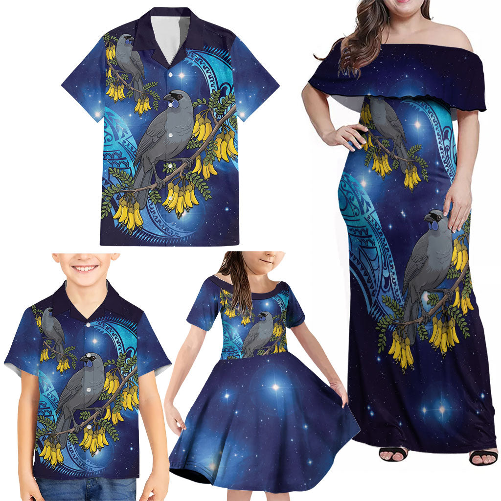 New Zealand Kokako Bird Family Matching Off Shoulder Maxi Dress and Hawaiian Shirt Kowhai Galaxy Style Polynesian Pattern