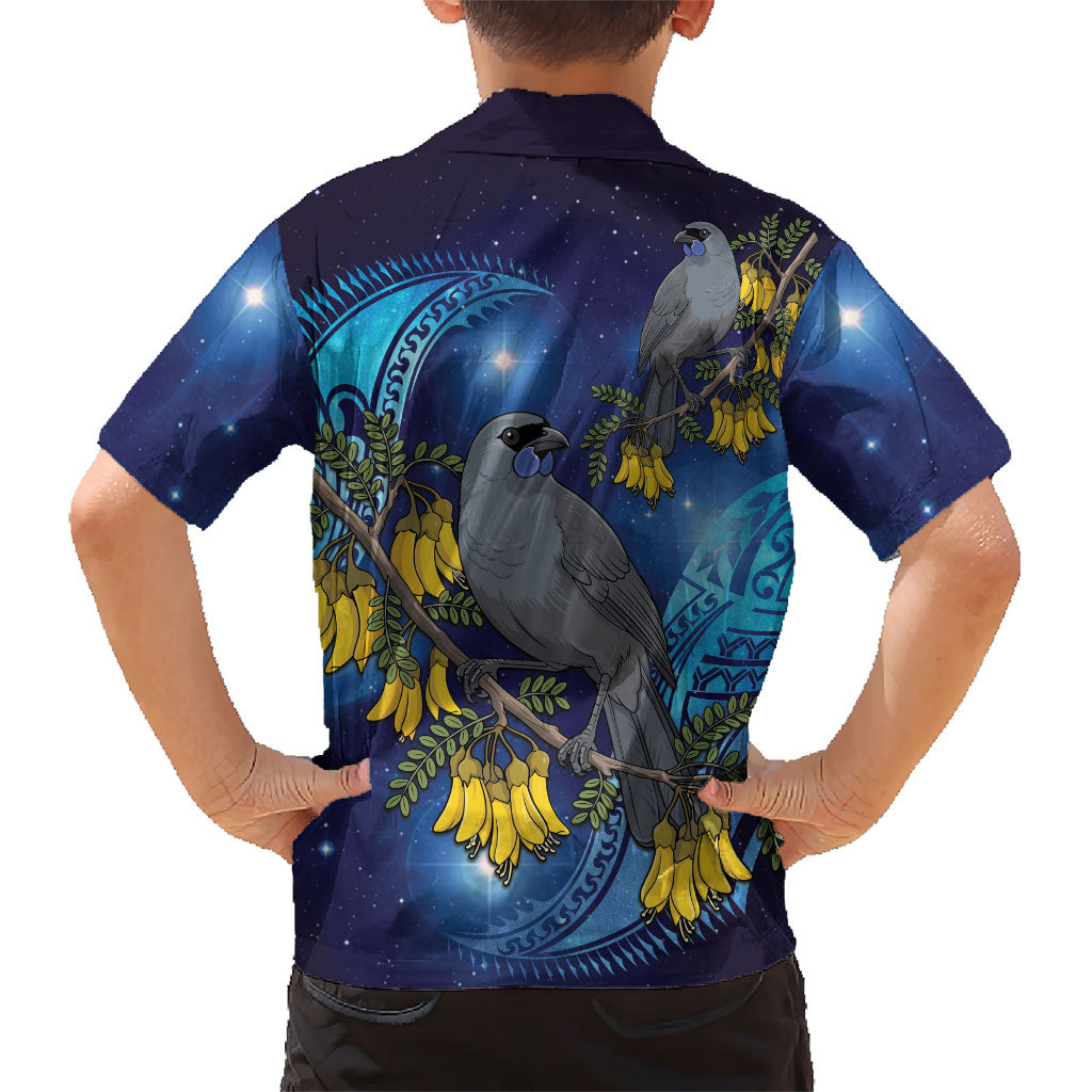 New Zealand Kokako Bird Family Matching Off Shoulder Short Dress and Hawaiian Shirt Kowhai Galaxy Style Polynesian Pattern