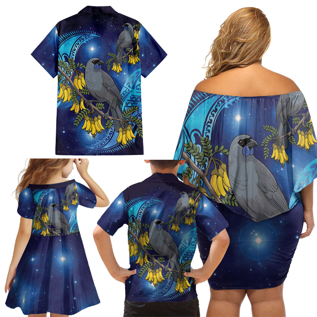 New Zealand Kokako Bird Family Matching Off Shoulder Short Dress and Hawaiian Shirt Kowhai Galaxy Style Polynesian Pattern
