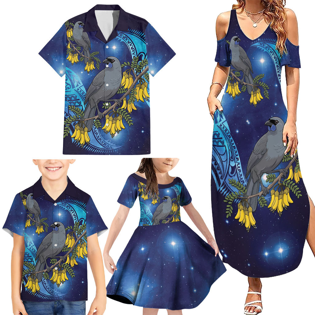 New Zealand Kokako Bird Family Matching Summer Maxi Dress and Hawaiian Shirt Kowhai Galaxy Style Polynesian Pattern