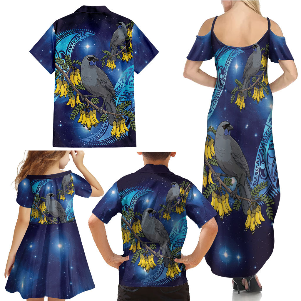 New Zealand Kokako Bird Family Matching Summer Maxi Dress and Hawaiian Shirt Kowhai Galaxy Style Polynesian Pattern