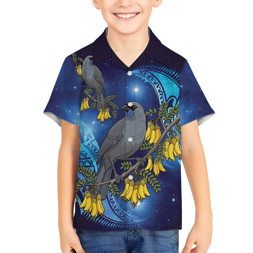 New Zealand Kokako Bird Family Matching Summer Maxi Dress and Hawaiian Shirt Kowhai Galaxy Style Polynesian Pattern