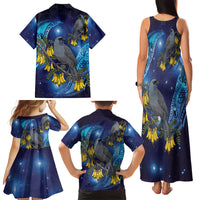 New Zealand Kokako Bird Family Matching Tank Maxi Dress and Hawaiian Shirt Kowhai Galaxy Style Polynesian Pattern