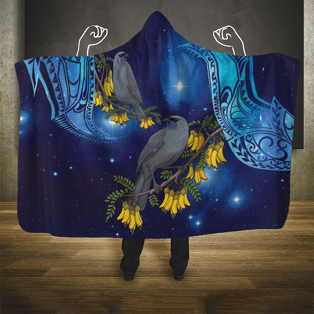 New Zealand Kokako Bird Hooded Blanket Kowhai Galaxy Style Polynesian Pattern