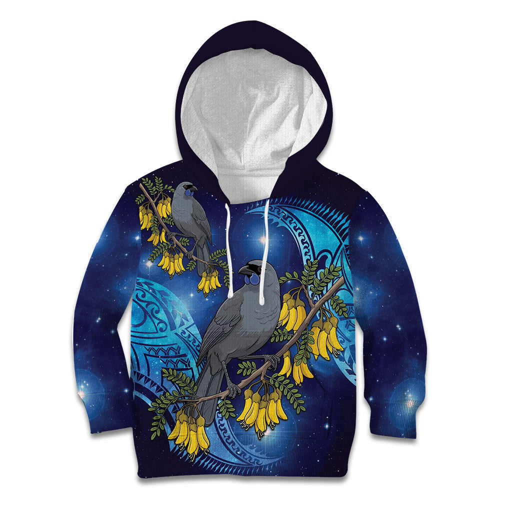 New Zealand Kokako Bird Kid Hoodie Kowhai Galaxy Style Polynesian Pattern