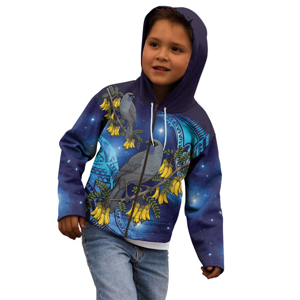New Zealand Kokako Bird Kid Hoodie Kowhai Galaxy Style Polynesian Pattern
