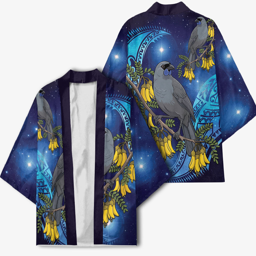 New Zealand Kokako Bird Kimono Kowhai Galaxy Style Polynesian Pattern
