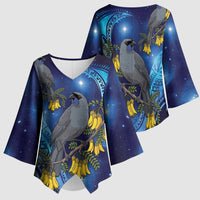 New Zealand Kokako Bird Kimono Sleeve Blouse Kowhai Galaxy Style Polynesian Pattern