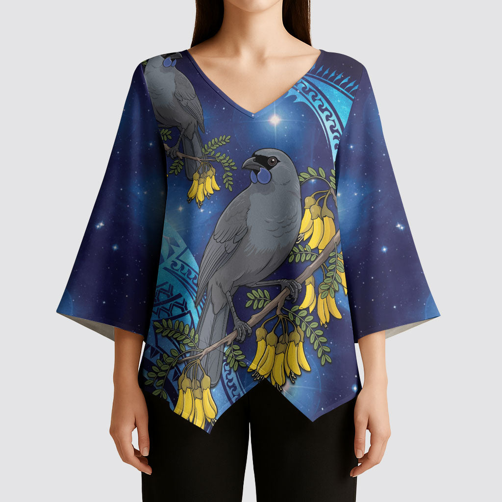 New Zealand Kokako Bird Kimono Sleeve Blouse Kowhai Galaxy Style Polynesian Pattern