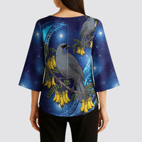 New Zealand Kokako Bird Kimono Sleeve Blouse Kowhai Galaxy Style Polynesian Pattern