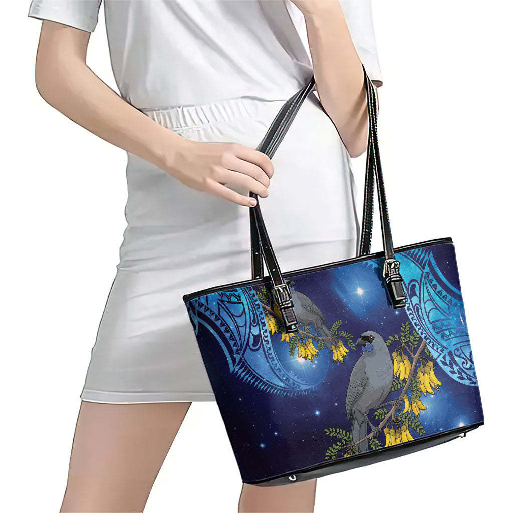 New Zealand Kokako Bird Leather Tote Bag Kowhai Galaxy Style Polynesian Pattern