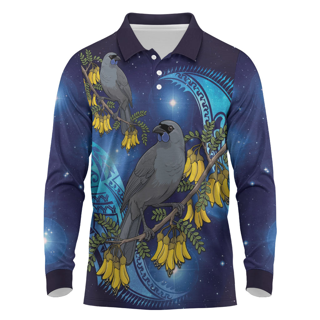 New Zealand Kokako Bird Long Sleeve Polo Shirt Kowhai Galaxy Style Polynesian Pattern