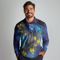 New Zealand Kokako Bird Long Sleeve Polo Shirt Kowhai Galaxy Style Polynesian Pattern
