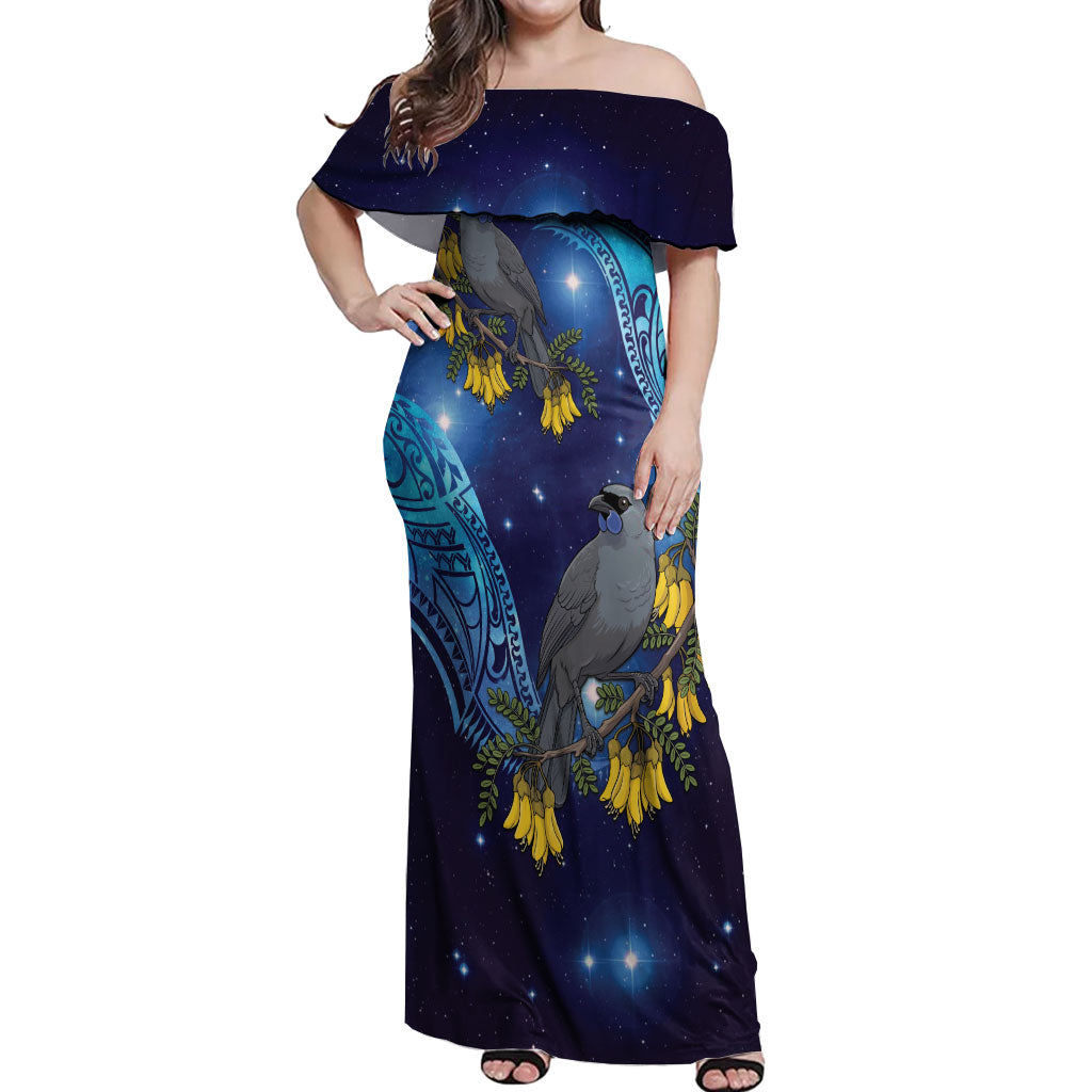 New Zealand Kokako Bird Off Shoulder Maxi Dress Kowhai Galaxy Style Polynesian Pattern
