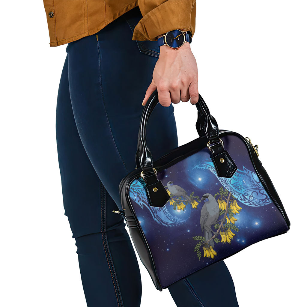New Zealand Kokako Bird Shoulder Handbag Kowhai Galaxy Style Polynesian Pattern
