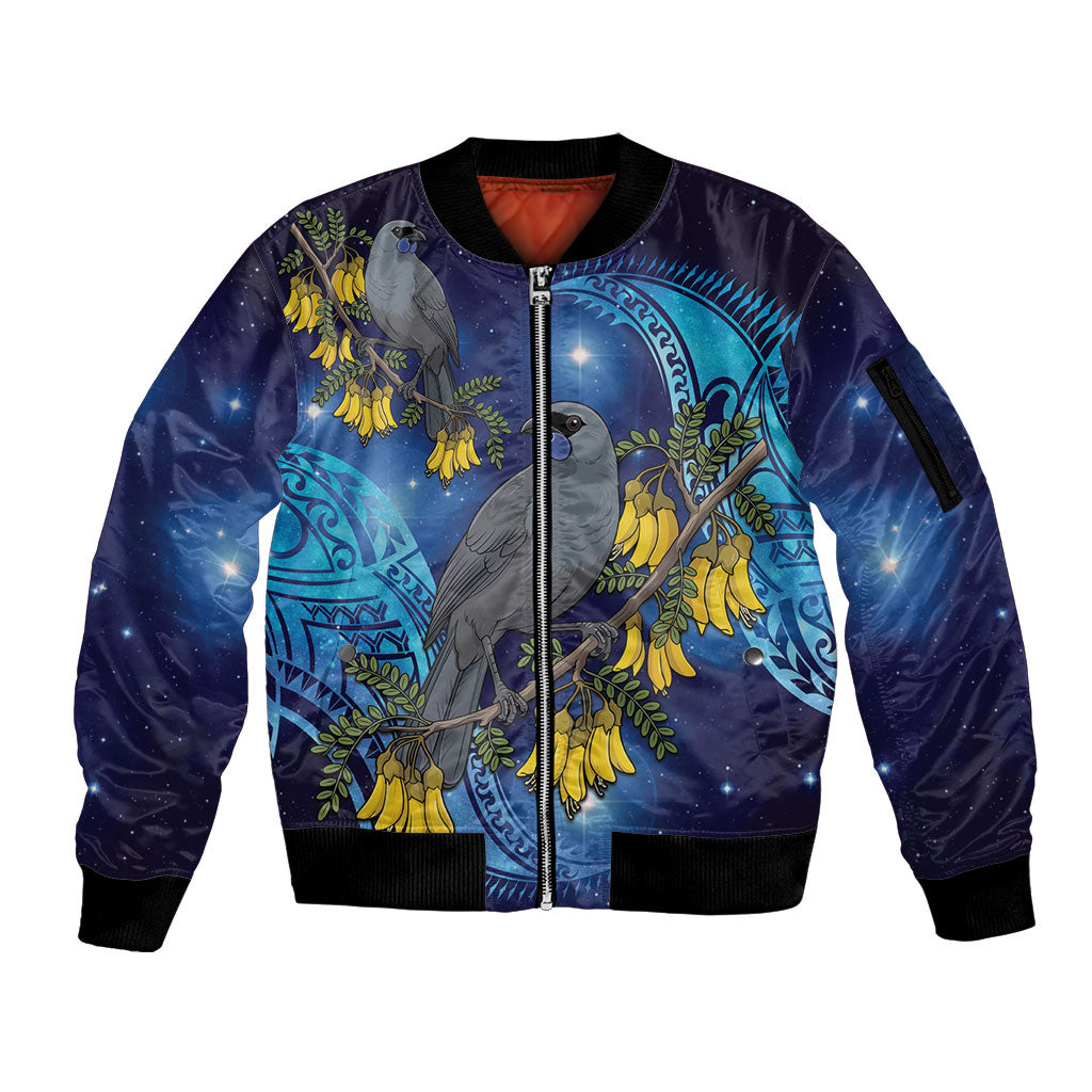 New Zealand Kokako Bird Sleeve Zip Bomber Jacket Kowhai Galaxy Style Polynesian Pattern