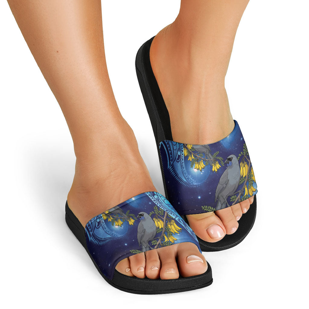 New Zealand Kokako Bird Slide Sandals Kowhai Galaxy Style Polynesian Pattern