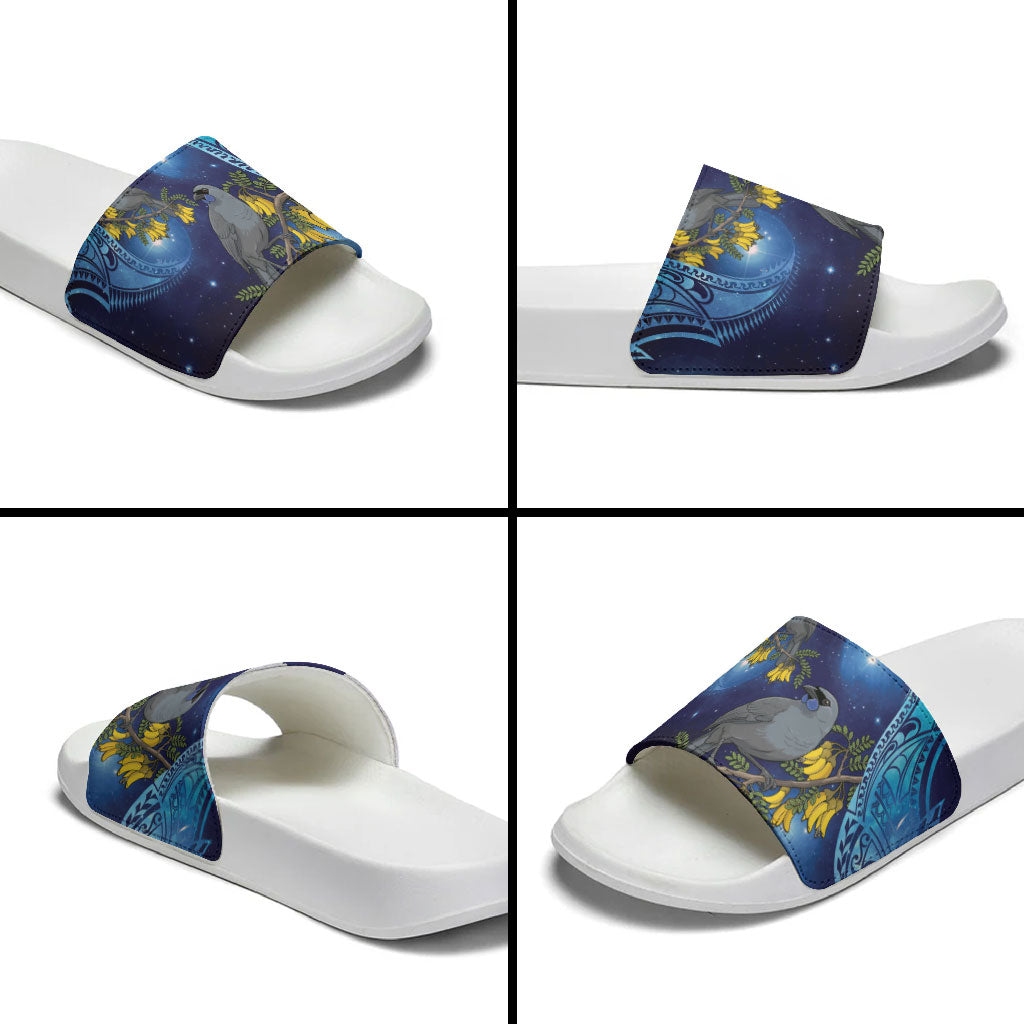New Zealand Kokako Bird Slide Sandals Kowhai Galaxy Style Polynesian Pattern
