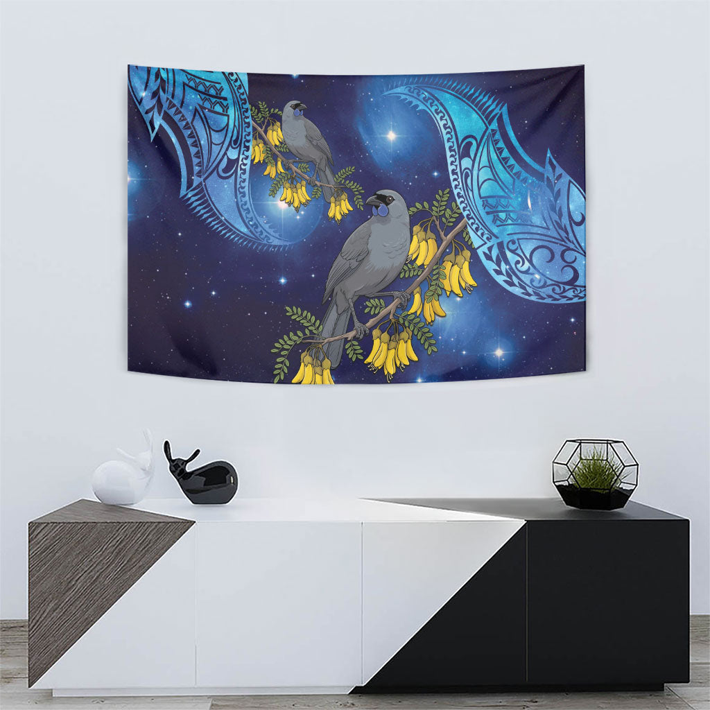 New Zealand Kokako Bird Tapestry Kowhai Galaxy Style Polynesian Pattern
