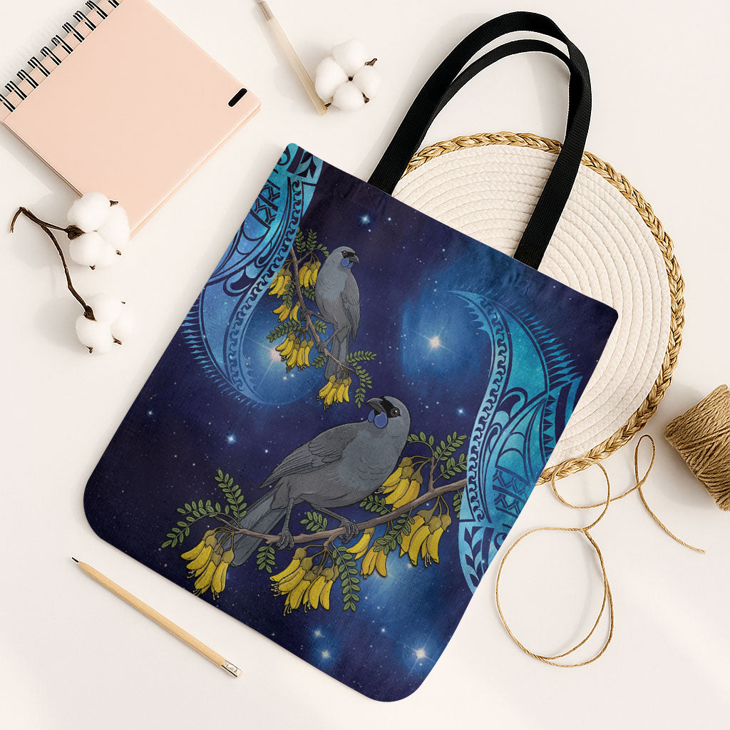 New Zealand Kokako Bird Tote Bag Kowhai Galaxy Style Polynesian Pattern