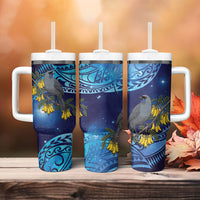 New Zealand Kokako Bird Tumbler With Handle Kowhai Galaxy Style Polynesian Pattern