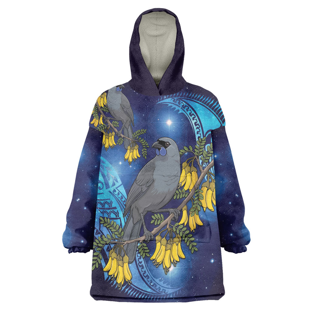 New Zealand Kokako Bird Wearable Blanket Hoodie Kowhai Galaxy Style Polynesian Pattern