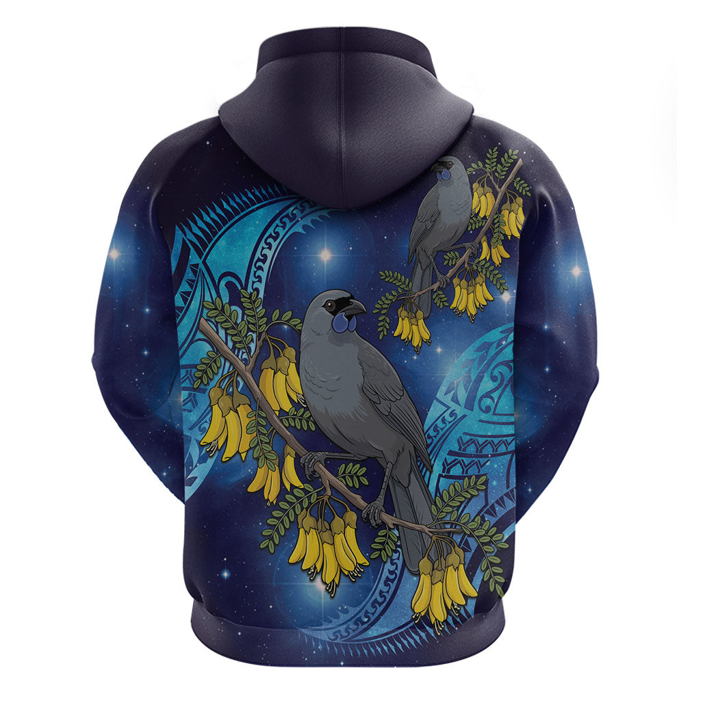 New Zealand Kokako Bird Zip Hoodie Kowhai Galaxy Style Polynesian Pattern