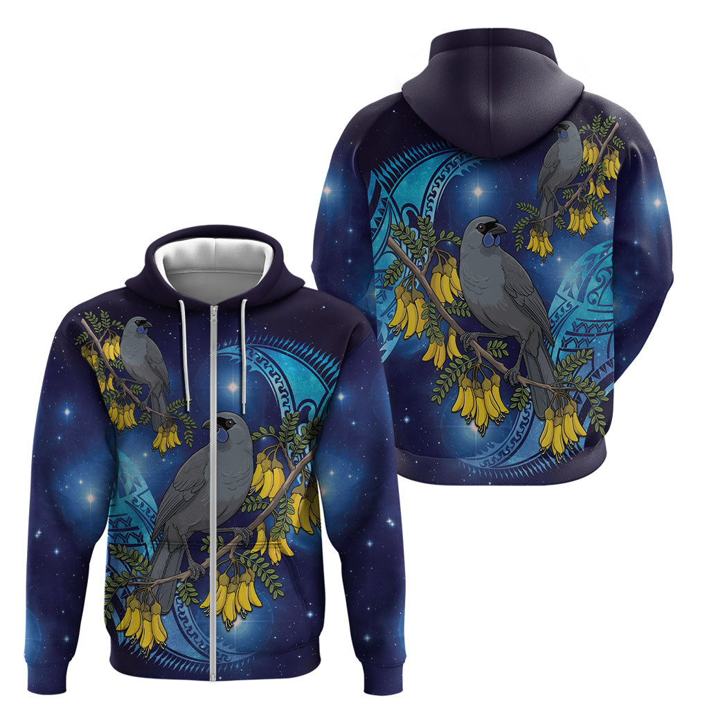 New Zealand Kokako Bird Zip Hoodie Kowhai Galaxy Style Polynesian Pattern