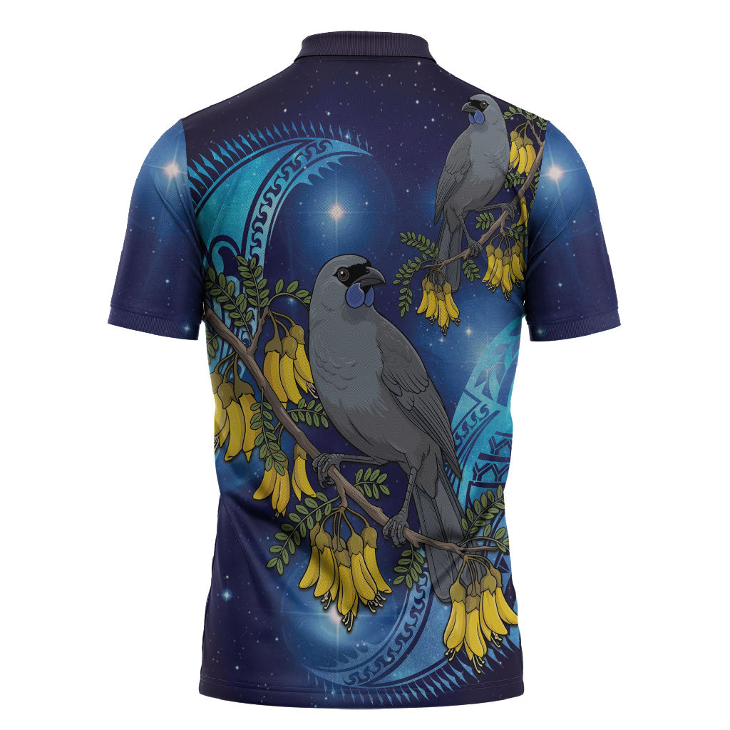 New Zealand Kokako Bird Zipper Polo Shirt Kowhai Galaxy Style Polynesian Pattern