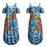 Personalised New Zealand Father's Day Couples Matching Summer Maxi Dress and Long Sleeve Button Shirt Best Dad Trophy Red Rose Maori Pattern LT22 - Polynesian Pride