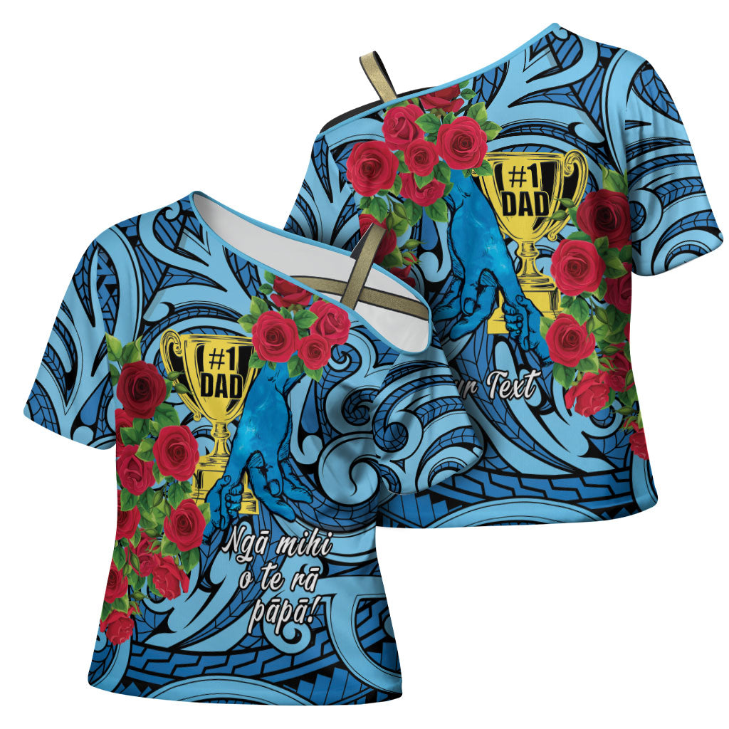 Personalised New Zealand Father's Day Cross Shoulder Shirt Best Dad Trophy Red Rose Maori Pattern LT22 - Polynesian Pride