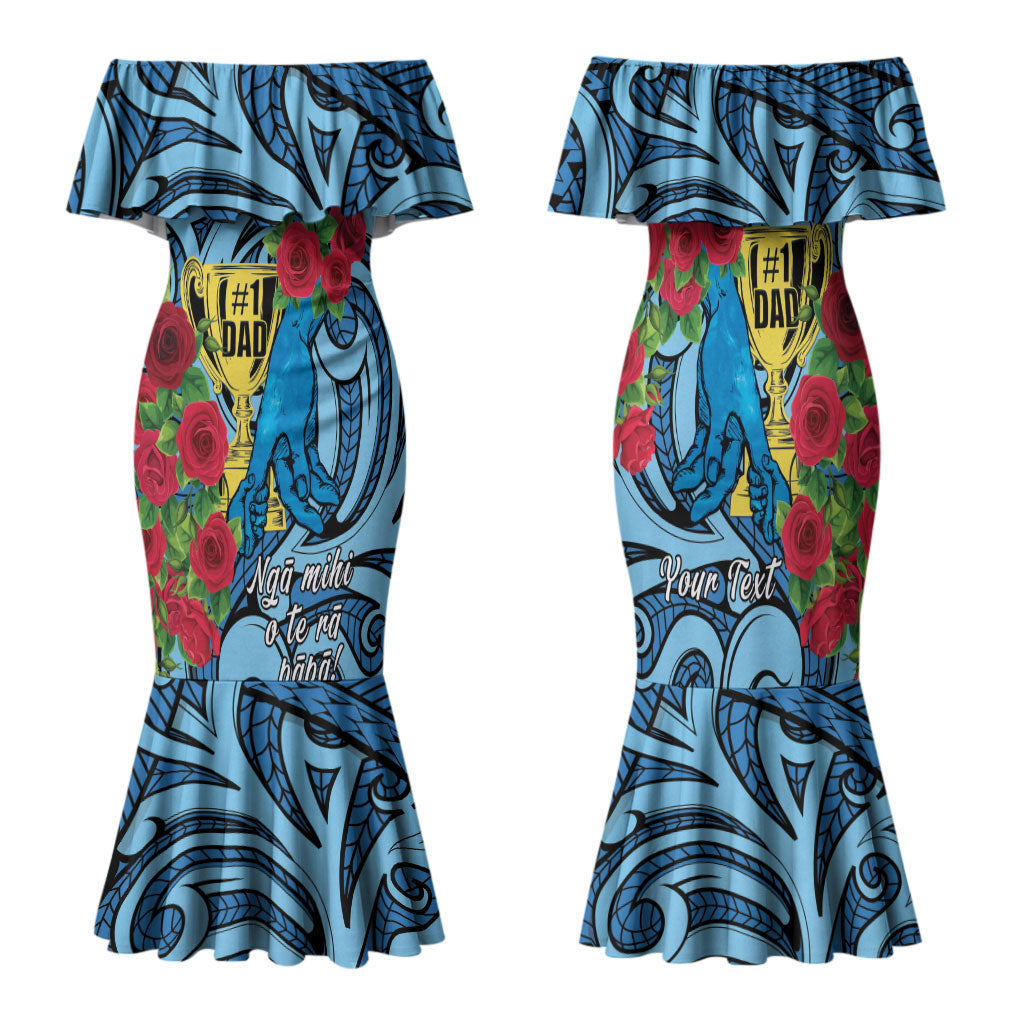 Personalised New Zealand Father's Day Family Matching Mermaid Dress and Hawaiian Shirt Best Dad Trophy Red Rose Maori Pattern LT22 Mom's Dress Blue - Polynesian Pride