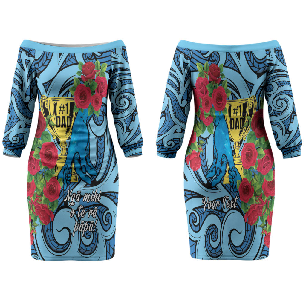 Personalised New Zealand Father's Day Family Matching Off The Shoulder Long Sleeve Dress and Hawaiian Shirt Best Dad Trophy Red Rose Maori Pattern LT22 Mom's Dress Blue - Polynesian Pride
