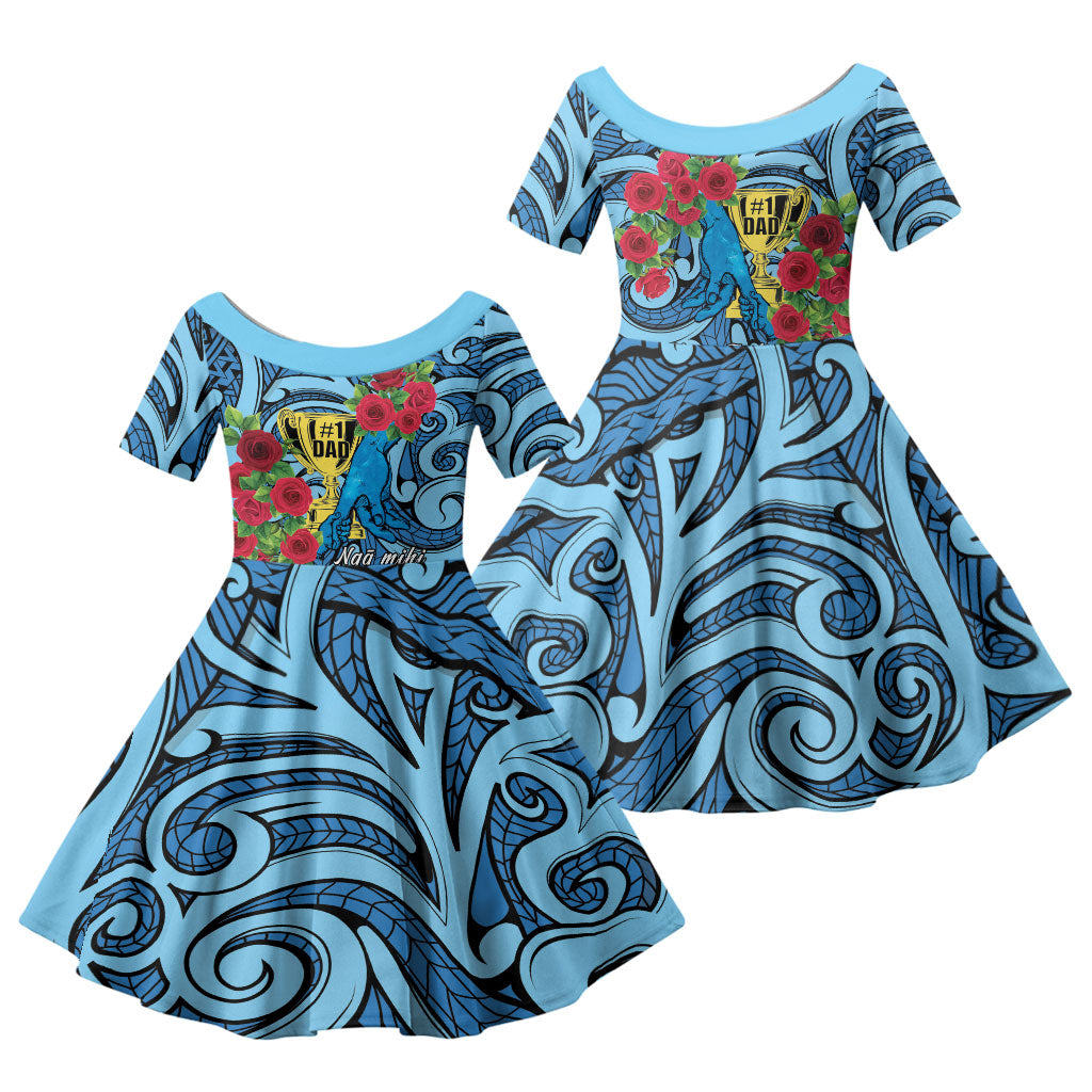 Personalised New Zealand Father's Day Family Matching Off The Shoulder Long Sleeve Dress and Hawaiian Shirt Best Dad Trophy Red Rose Maori Pattern LT22 Daughter's Dress Blue - Polynesian Pride