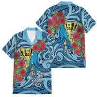Personalised New Zealand Father's Day Family Matching Off Shoulder Maxi Dress and Hawaiian Shirt Best Dad Trophy Red Rose Maori Pattern LT22 Dad's Shirt - Short Sleeve Blue - Polynesian Pride