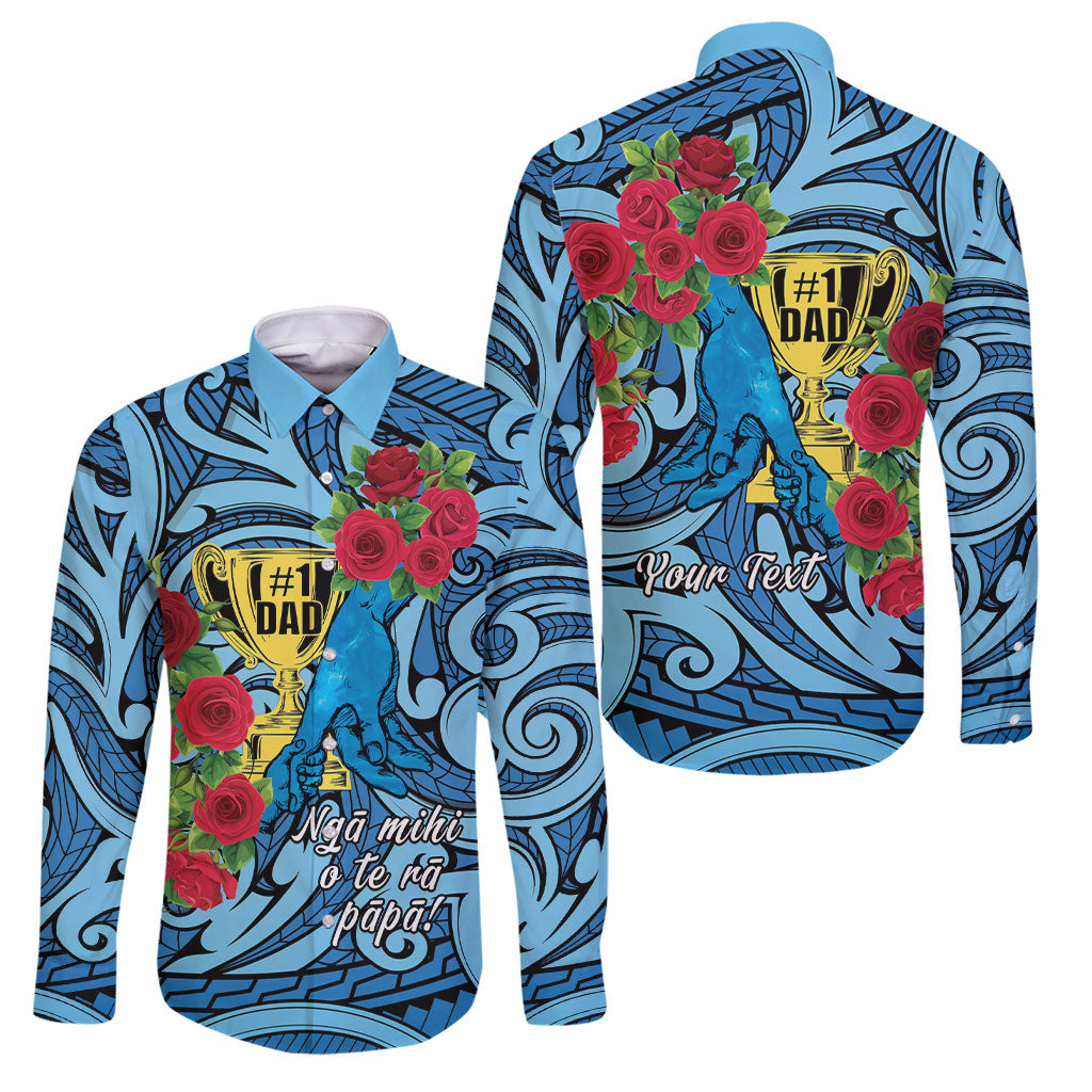 Personalised New Zealand Father's Day Family Matching Off Shoulder Maxi Dress and Hawaiian Shirt Best Dad Trophy Red Rose Maori Pattern LT22 Dad's Shirt - Long Sleeve Blue - Polynesian Pride