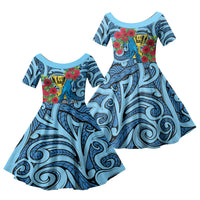 Personalised New Zealand Father's Day Family Matching Off Shoulder Maxi Dress and Hawaiian Shirt Best Dad Trophy Red Rose Maori Pattern LT22 Daughter's Dress Blue - Polynesian Pride