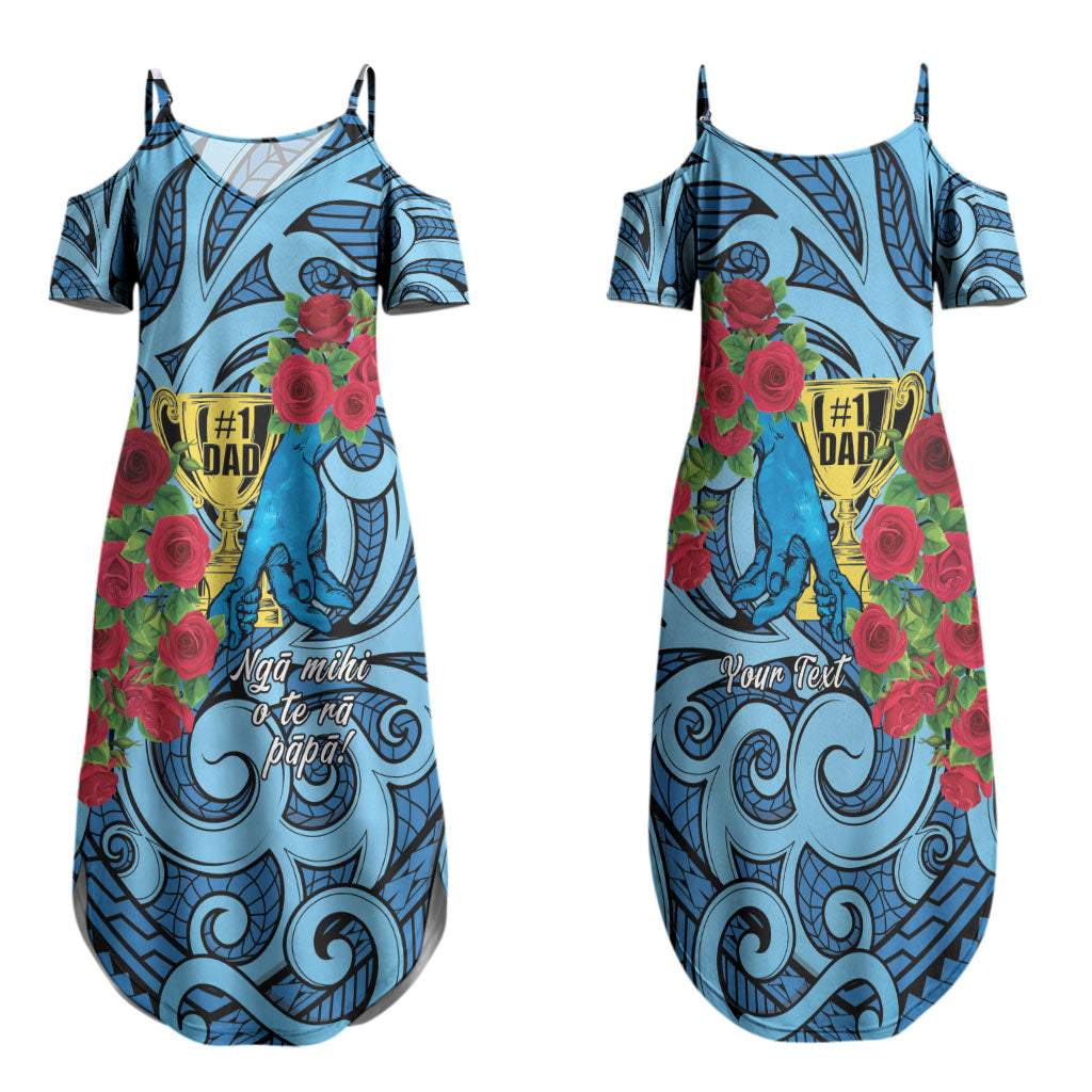 Personalised New Zealand Father's Day Family Matching Summer Maxi Dress and Hawaiian Shirt Best Dad Trophy Red Rose Maori Pattern LT22 Mom's Dress Blue - Polynesian Pride
