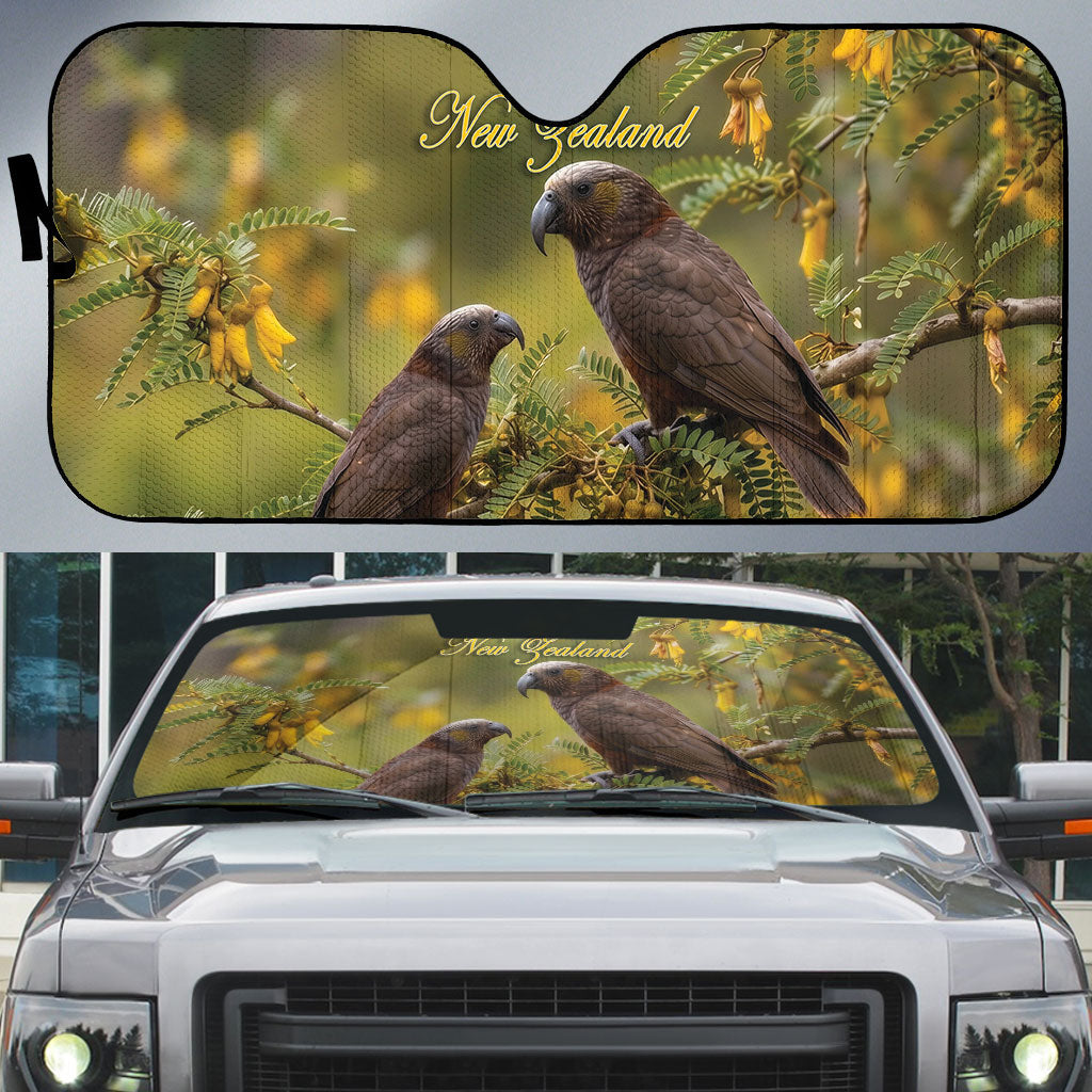 New Zealand Kaka Bird Auto Sun Shade Kowhai Flower Landscape Style