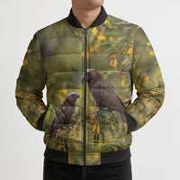New Zealand Kaka Bird Bomber Puffer Jacket Kowhai Flower Landscape Style