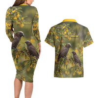 New Zealand Kaka Bird Couples Matching Long Sleeve Bodycon Dress and Hawaiian Shirt Kowhai Flower Landscape Style LT22 - Polynesian Pride