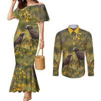 New Zealand Kaka Bird Couples Matching Mermaid Dress and Long Sleeve Button Shirt Kowhai Flower Landscape Style LT22 Green - Polynesian Pride