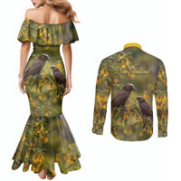 New Zealand Kaka Bird Couples Matching Mermaid Dress and Long Sleeve Button Shirt Kowhai Flower Landscape Style LT22 - Polynesian Pride