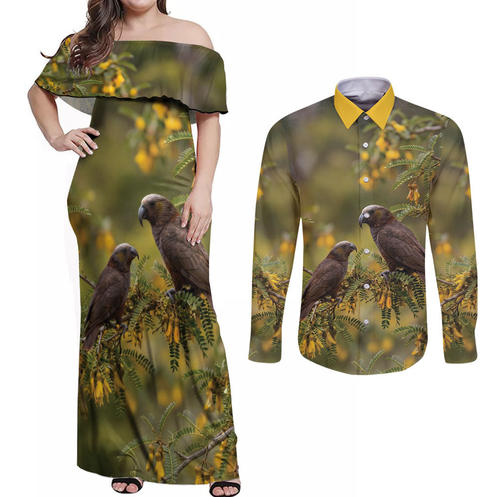 New Zealand Kaka Bird Couples Matching Off Shoulder Maxi Dress and Long Sleeve Button Shirt Kowhai Flower Landscape Style LT22 Green - Polynesian Pride